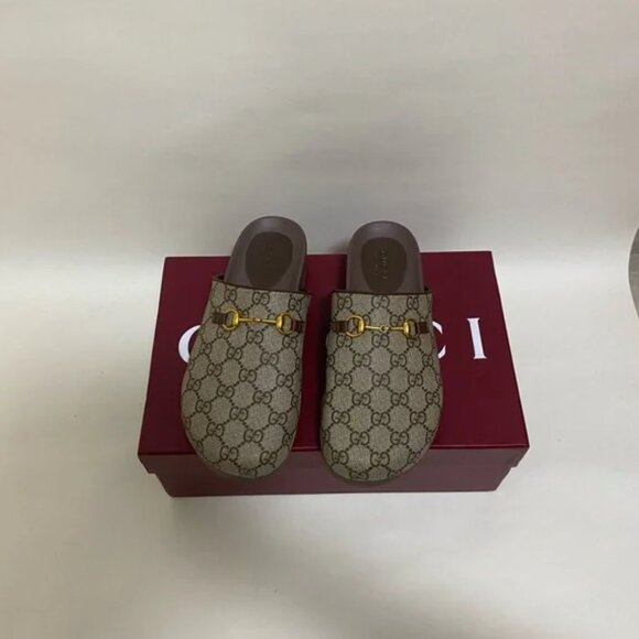 Gucci Beige Monogram Loafers with Gold Detailing - Picture 1 of 8